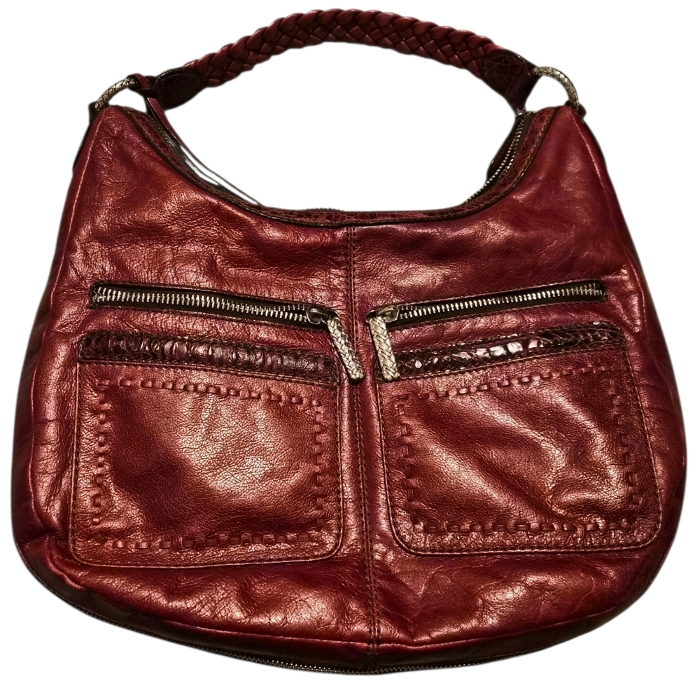 Brighton Leather Hobo Bag | Braided Strap | Deep Red | Organizer Pockets